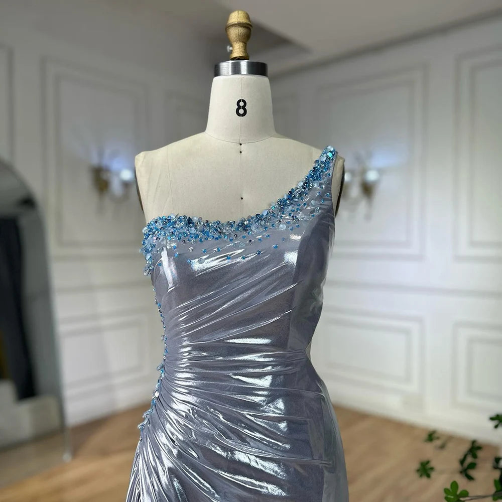 Serene Hill 2025 Elegant Silver One-Shoulder Beaded Mermaid Luxury Dubai Evening Gown with Side Split for Women&