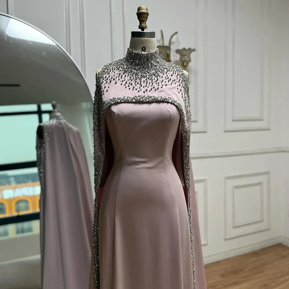 Elegant High Neck Evening Dress with Crystals and Long Cape LA73068 - SERENE HILL