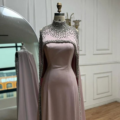 Elegant High Neck Evening Dress with Crystals and Long Cape LA73068 - SERENE HILL