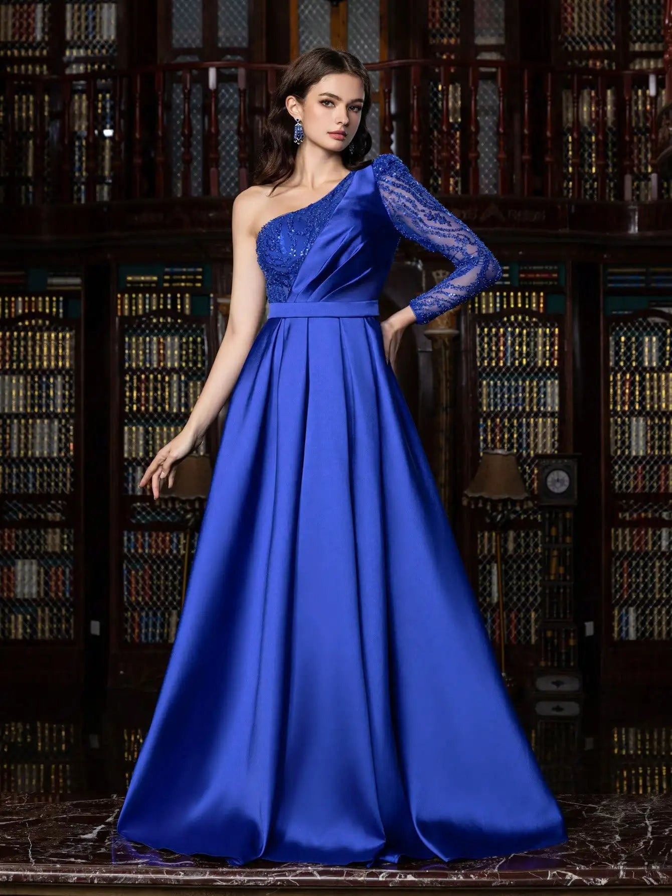 Satin Blue A-Line One-Shoulder Elegant Evening Dress LA73278 - SERENE HILL