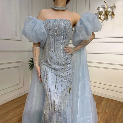 Luxury Dubai Arabic Blue Mermaid Balloon Sleeves Beaded Evening Dresses LA71823 - SERENE  HILL