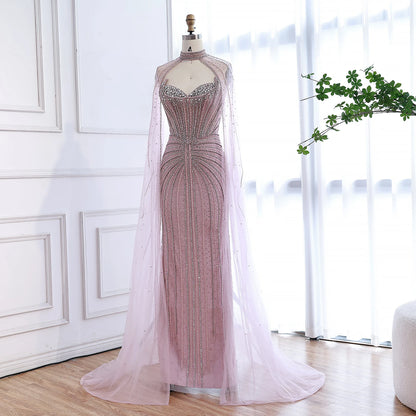 Luxury Dubai Caramel Beaded Evening Dress With Cape LA72811C - SERENE HILL