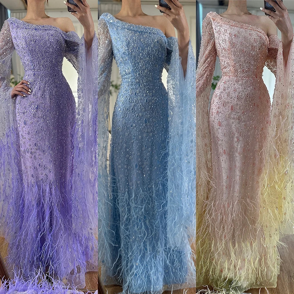 Luxury Feather One Shoulder Evening Dress with Cape Sleeves LA72763 - SERENE HILL
