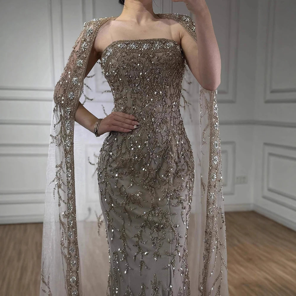 Luxury White Dubai Arabia Beading Evening Dress With Cape LA72870 - SERENE HILL