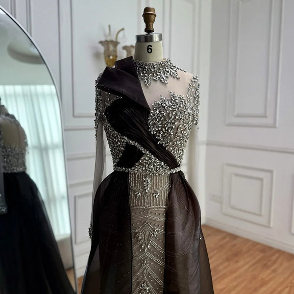 Silver Nude Beaded Long Sleeve Arabic Evening Dress LA72769A