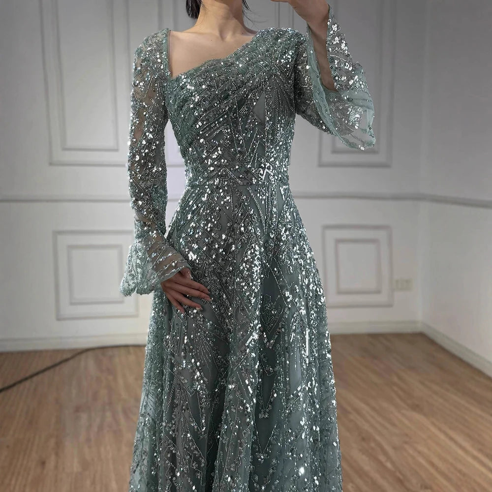 Luxury Turquoise Beaded A-Line Evening Dress with Puffy Sleeves LA73177 - SERENE HILL