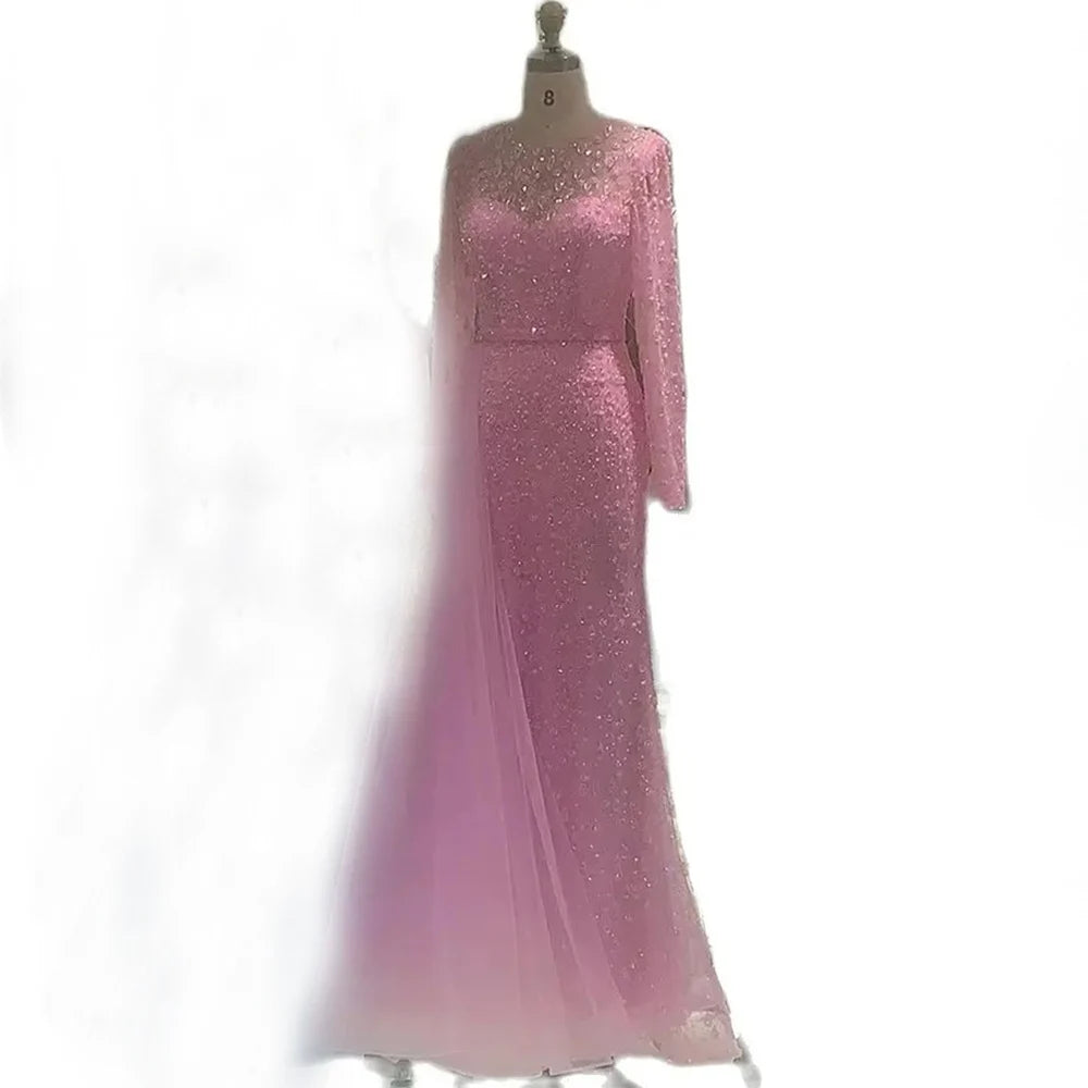 Luxury Dubai Elegant Blue Saudi Arabic Evening Gown with Beaded Side Overskirt Dress for Formal Occasion LA72734 - SERENE HILL