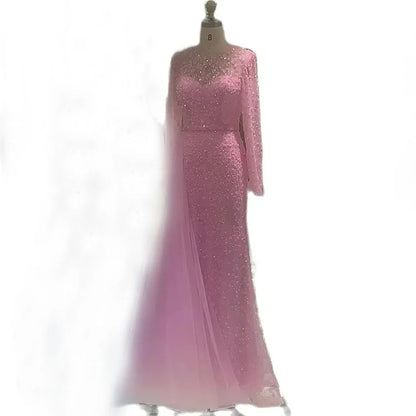 Luxury Dubai Elegant Blue Saudi Arabic Evening Gown with Beaded Side Overskirt Dress for Formal Occasion LA72734 - SERENE HILL