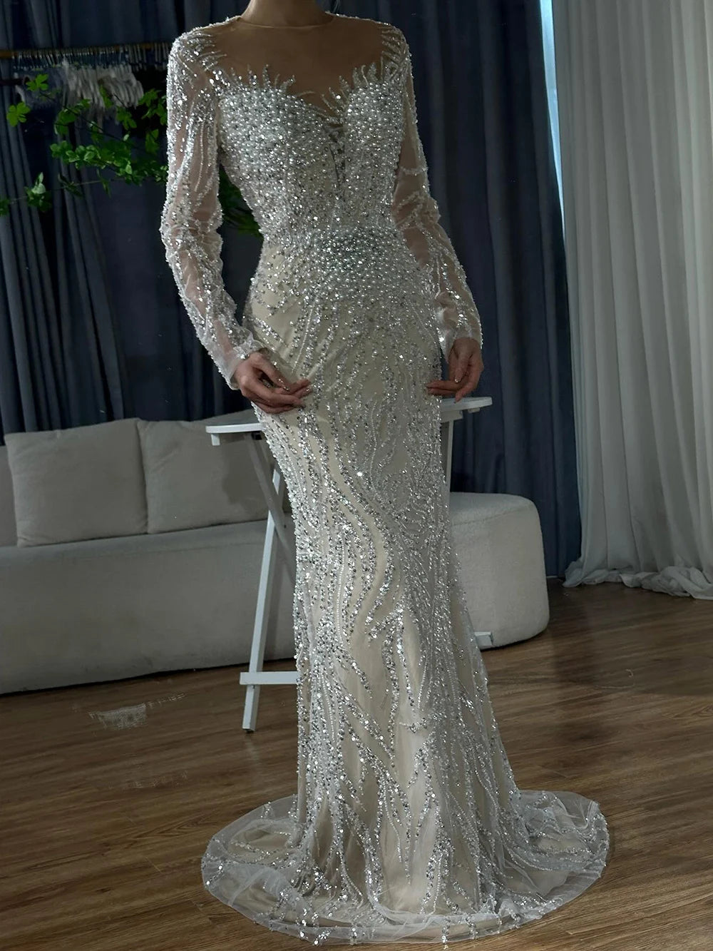Luxury Dubai White Nude Mermaid Evening Dress With Long Sleeve LA72634 - SERENE HILL