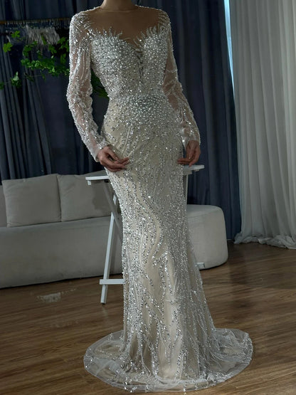 Luxury Dubai White Nude Mermaid Evening Dress With Long Sleeve LA72634 - SERENE HILL