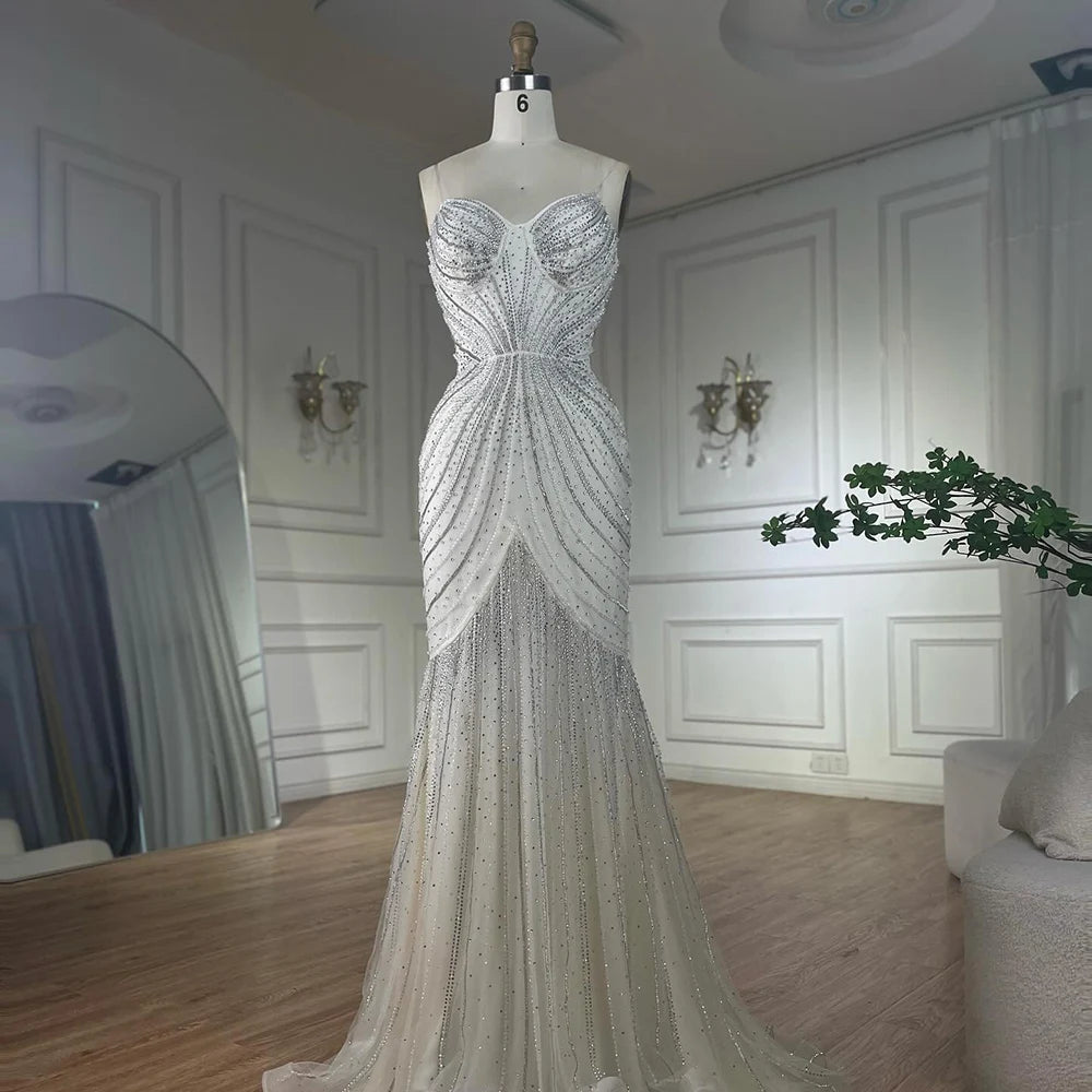 Luxury Blue Beaded Evening Gown with Detachable Cape LA72784 - SERENE HILL