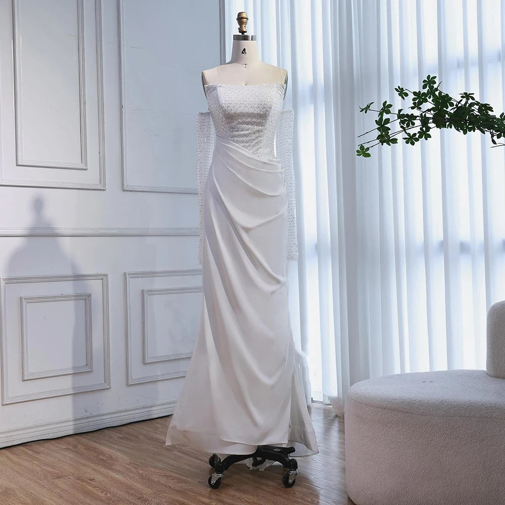 White Beaded Evening Dress with Detachable Sleeves LA72293A - SERENE HILL