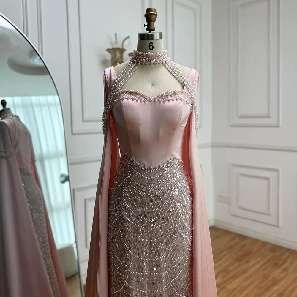 Luxury Arabic Pearls Pink Evening Dress with Cape LA73051 - SERENE HILL