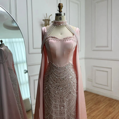 Luxury Arabic Pearls Pink Evening Dress with Cape LA73051 - SERENE HILL