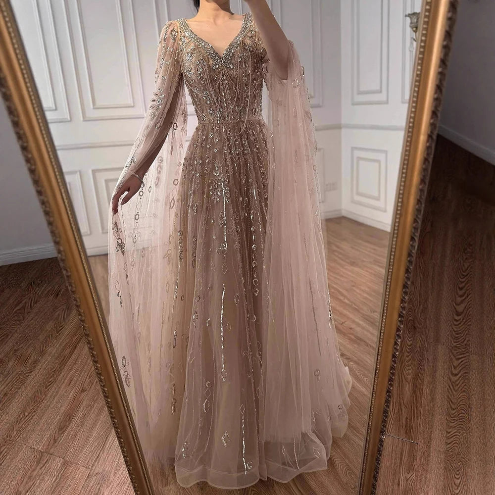 Luxury Nude Beaded Evening Dress with Cape Sleeves for Formal Occasion LA72764A - SERENE HILL