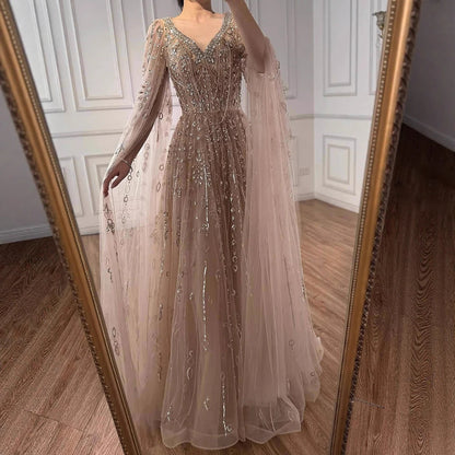 Luxury Nude Beaded Evening Dress with Cape Sleeves for Formal Occasion LA72764A - SERENE HILL