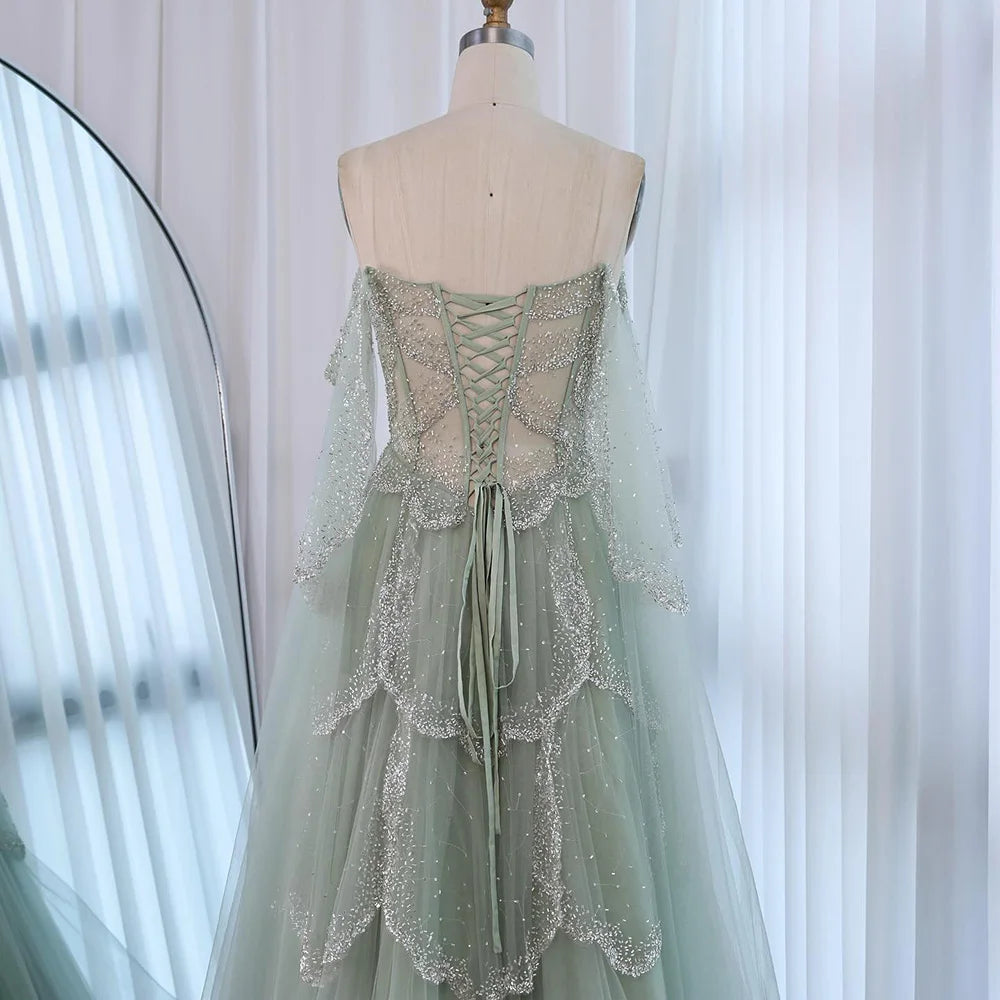 Luxury Arabic Sage Green Beaded A-Line Evening Dress with Cape LA72605A - SERENE HILL