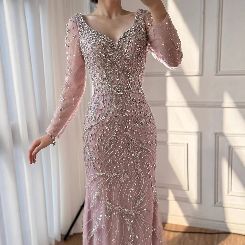 Luxury Muslim Nude Arabic Mermaid Beaded Evening Dress LA73191 - SERENE HILL
