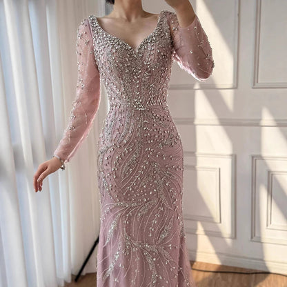 Luxury Muslim Nude Arabic Mermaid Beaded Evening Dress LA73191 - SERENE HILL