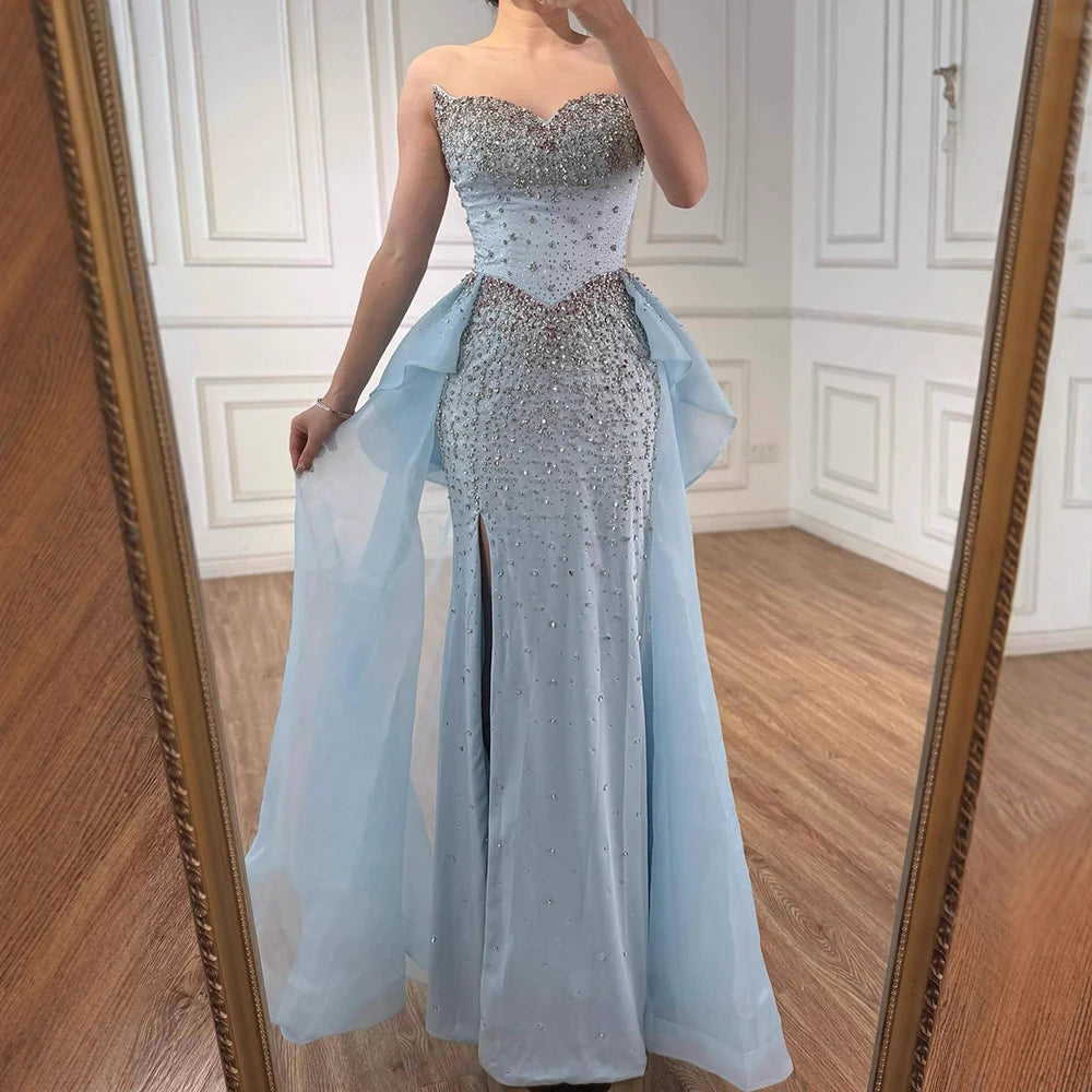 Luxury Blue Crystal Beaded Mermaid Evening Dress with Overskirt LA73145 - SERENE HILL