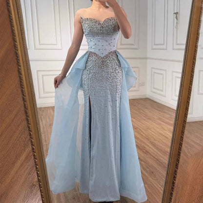 Luxury Blue Crystal Beaded Mermaid Evening Dress with Overskirt LA73145 - SERENE HILL
