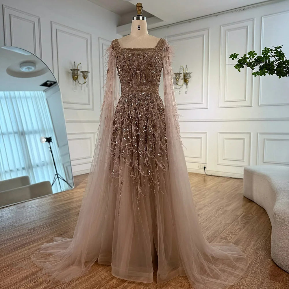 Elegant Blue Beaded Feather A-Line Evening Dress With Cape LA73043 - SERENE HILL