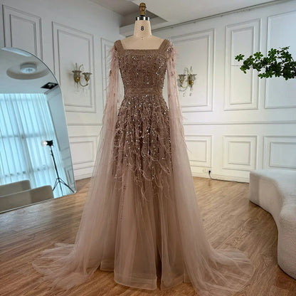 Elegant Blue Beaded Feather A-Line Evening Dress With Cape LA73043 - SERENE HILL