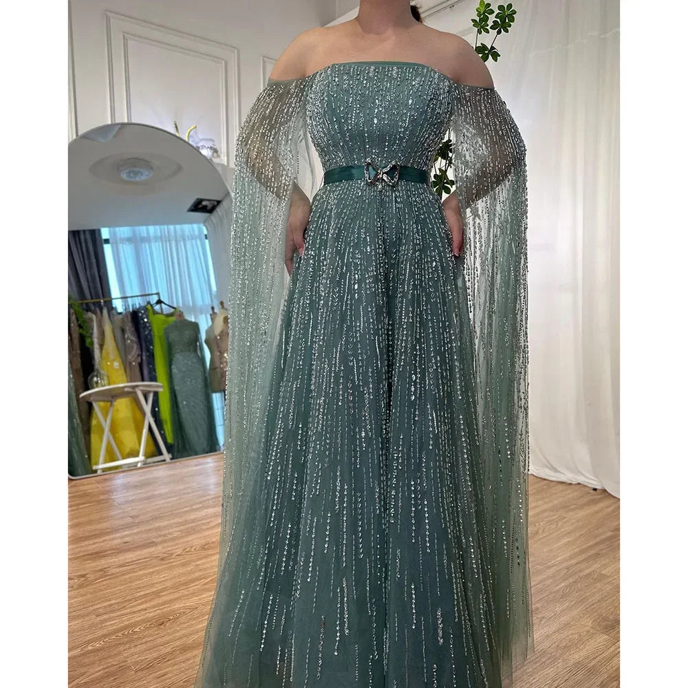 Luxury Black A Line Beaded Evening Dress with Cape Sleeves LA71824 - SERENE HILL