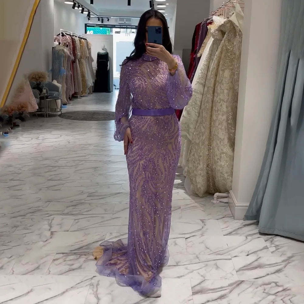 Serene Hill Arabic Purple Mermaid Puff High Neck Sleeves Elegant Beaded Evening Dresses Gowns For Women Party 2025 LA71815 - SERENE HILL