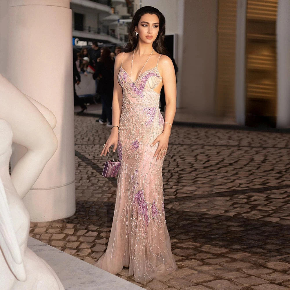 Luxury Pink Beaded Mermaid Evening Dress with Spaghetti Straps LA72492 - SERENE HILL