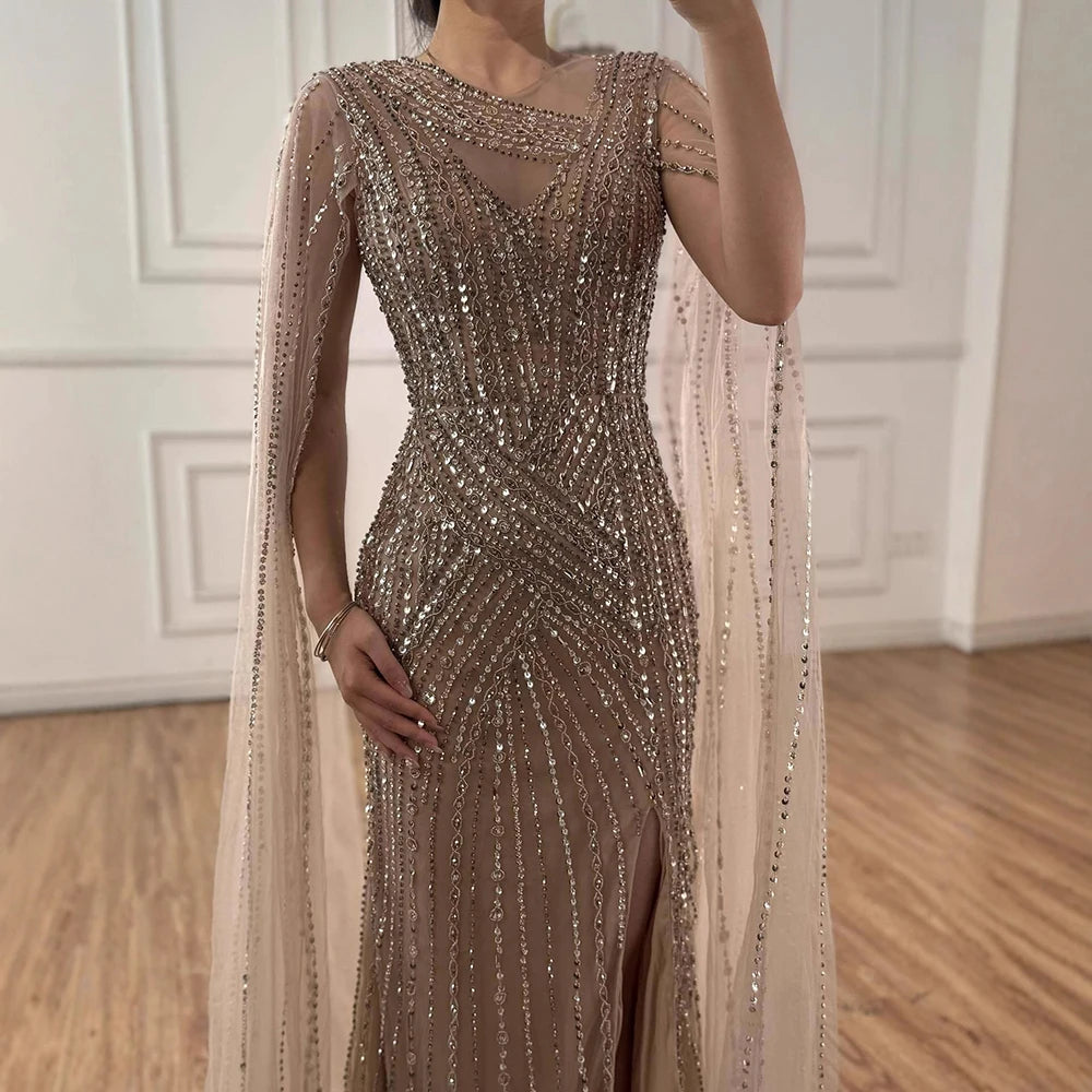 Luxury Nude Beaded Mermaid Evening Dress with Cape Sleeves LA71429B - SERENE HILL