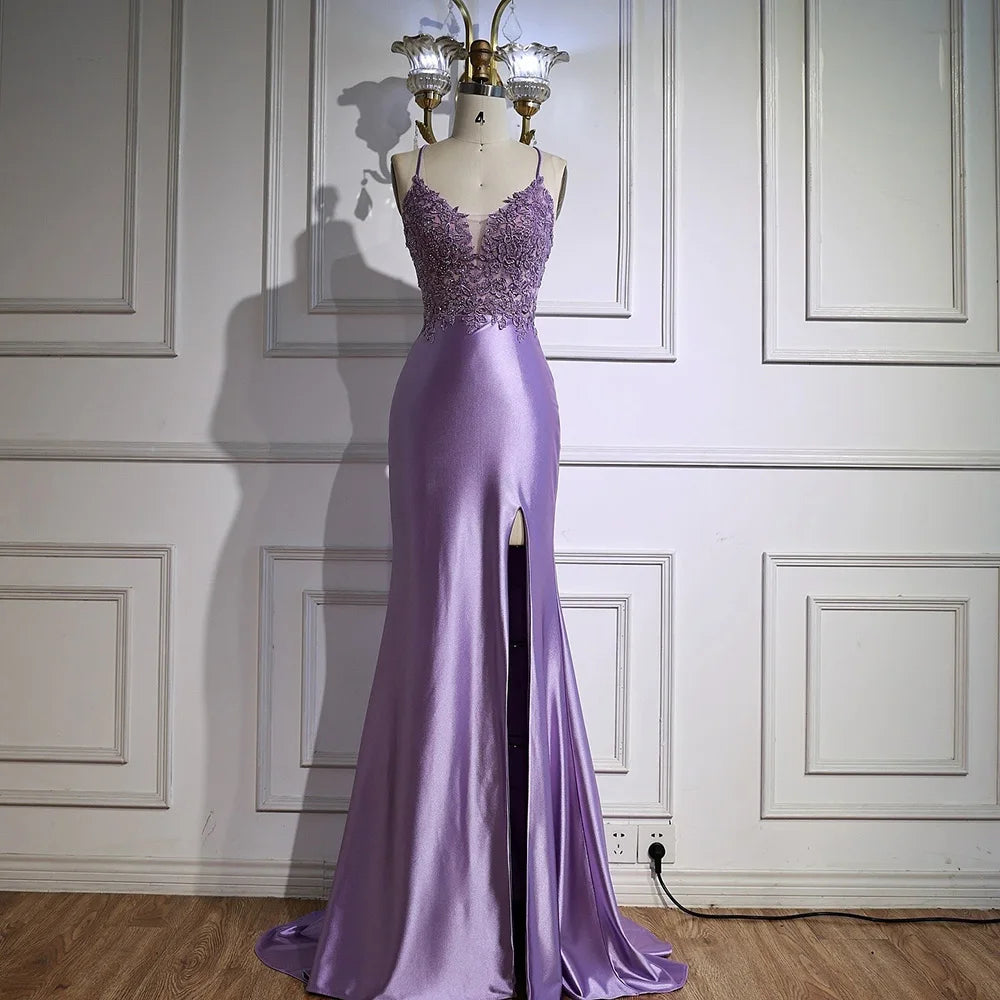 Luxury Purple Satin Prom Dress with Slit and Lace Appliques LA73040 - SERENE HILL