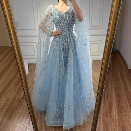 Luxury Nude Beaded Evening Dress with Cape Sleeves for Formal Occasion LA72764A - SERENE HILL