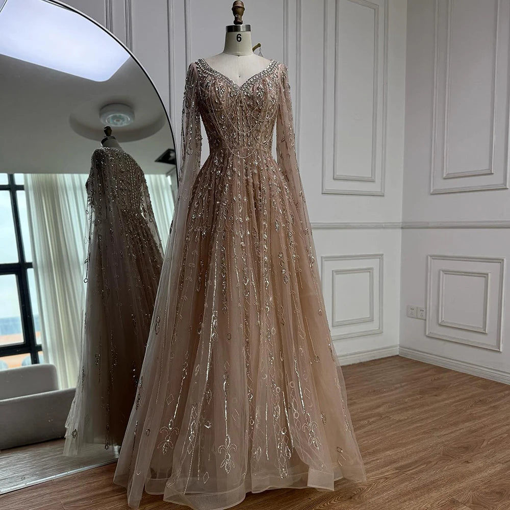Luxury Nude Beaded Evening Dress with Cape Sleeves for Formal Occasion LA72764A - SERENE HILL