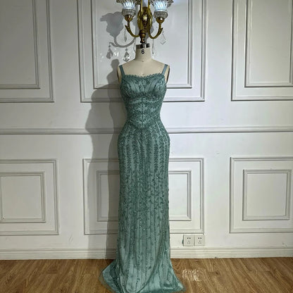 Luxury Arabic Blue Spaghetti Strap Mermaid Evening Dress Beaded LA72725 - SERENE HILL