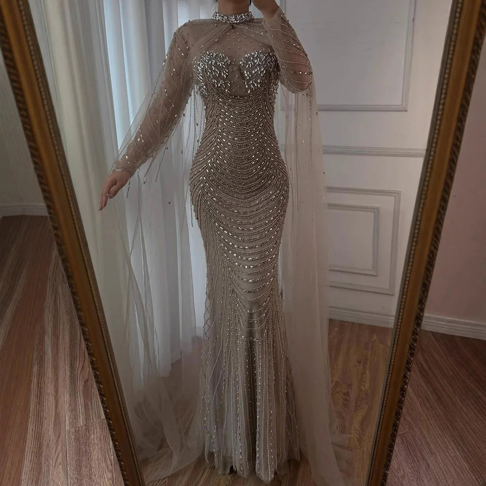 Luxury Pink Beaded Cape Sleeve Arabic Evening Dress LA73134 - SERENE HILL