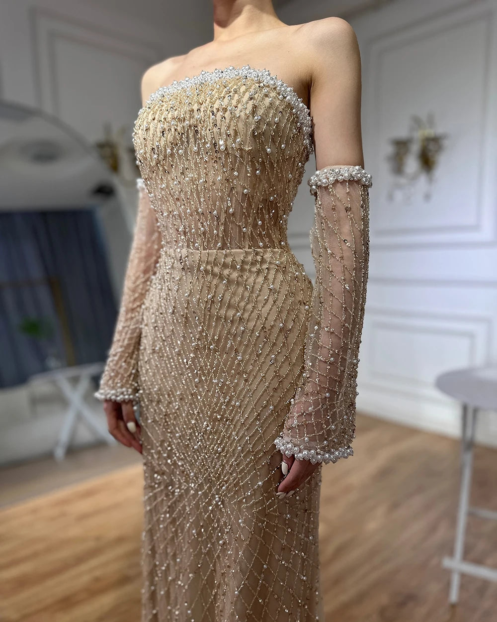 Dubai Elegant White Nude Beaded Evening Dress with Gloves LA72649 - SERENE HILL