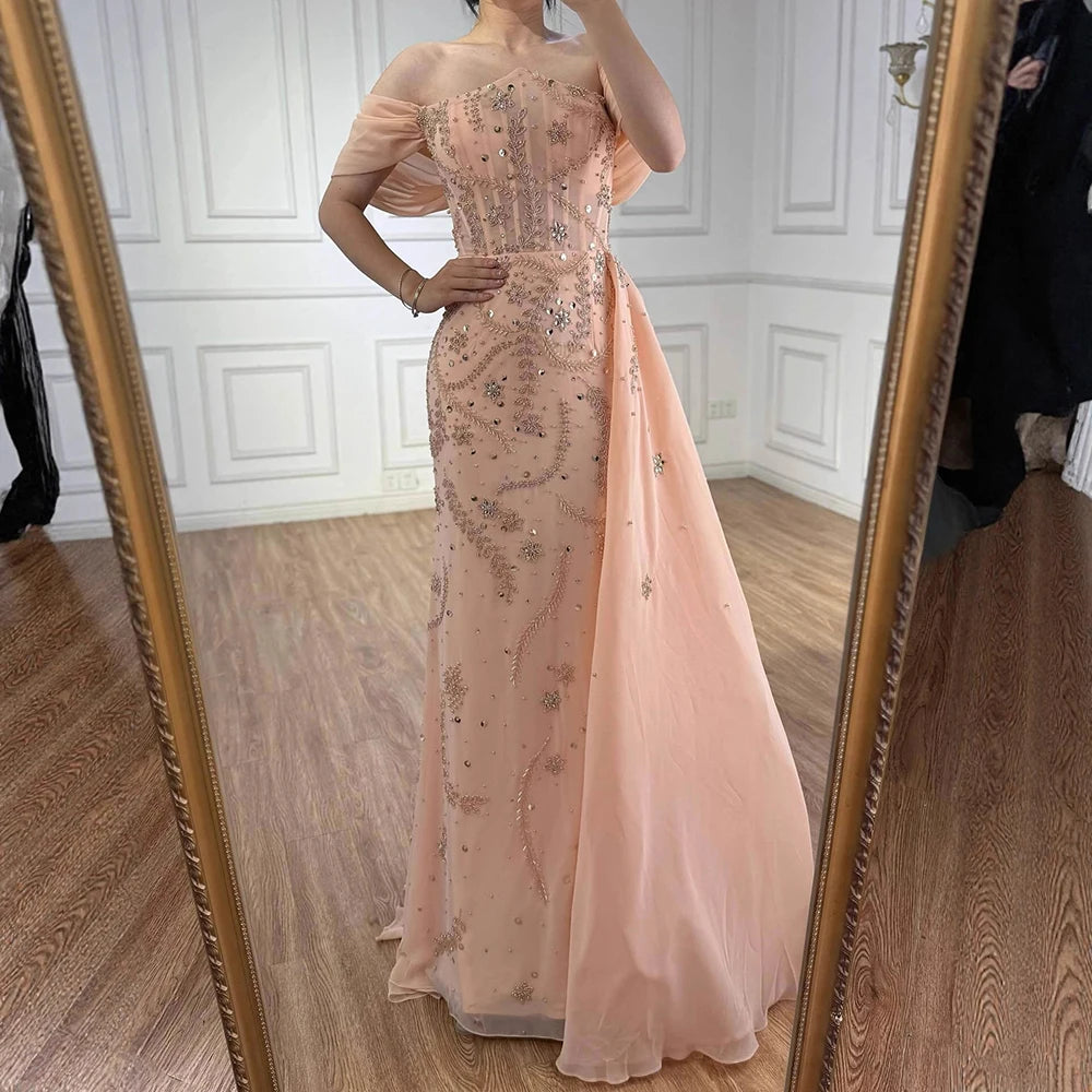 Luxury Nude Off Shoulder Pearl Beaded Mermaid Evening Dress with Overskirt LA73109 - SERENE HILL