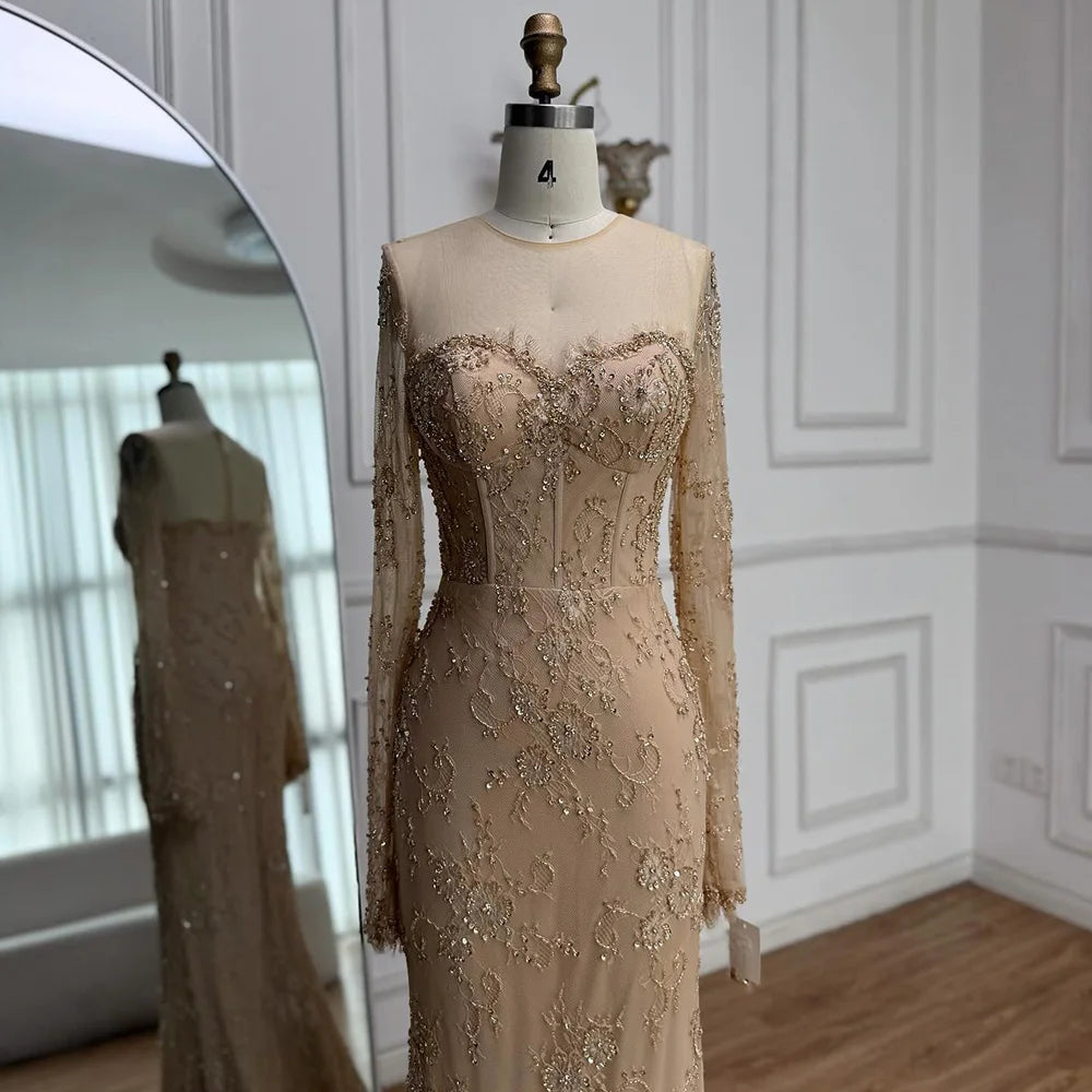 Luxury Arabic Lace Beaded Mermaid Evening Dress with Sleeves LA72545 - SERENE HILL