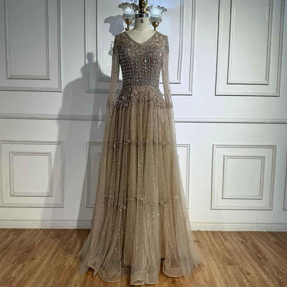 Elegant A-Line Beaded Evening Dress with Cape Sleeves LA73075 - SERENE HILL