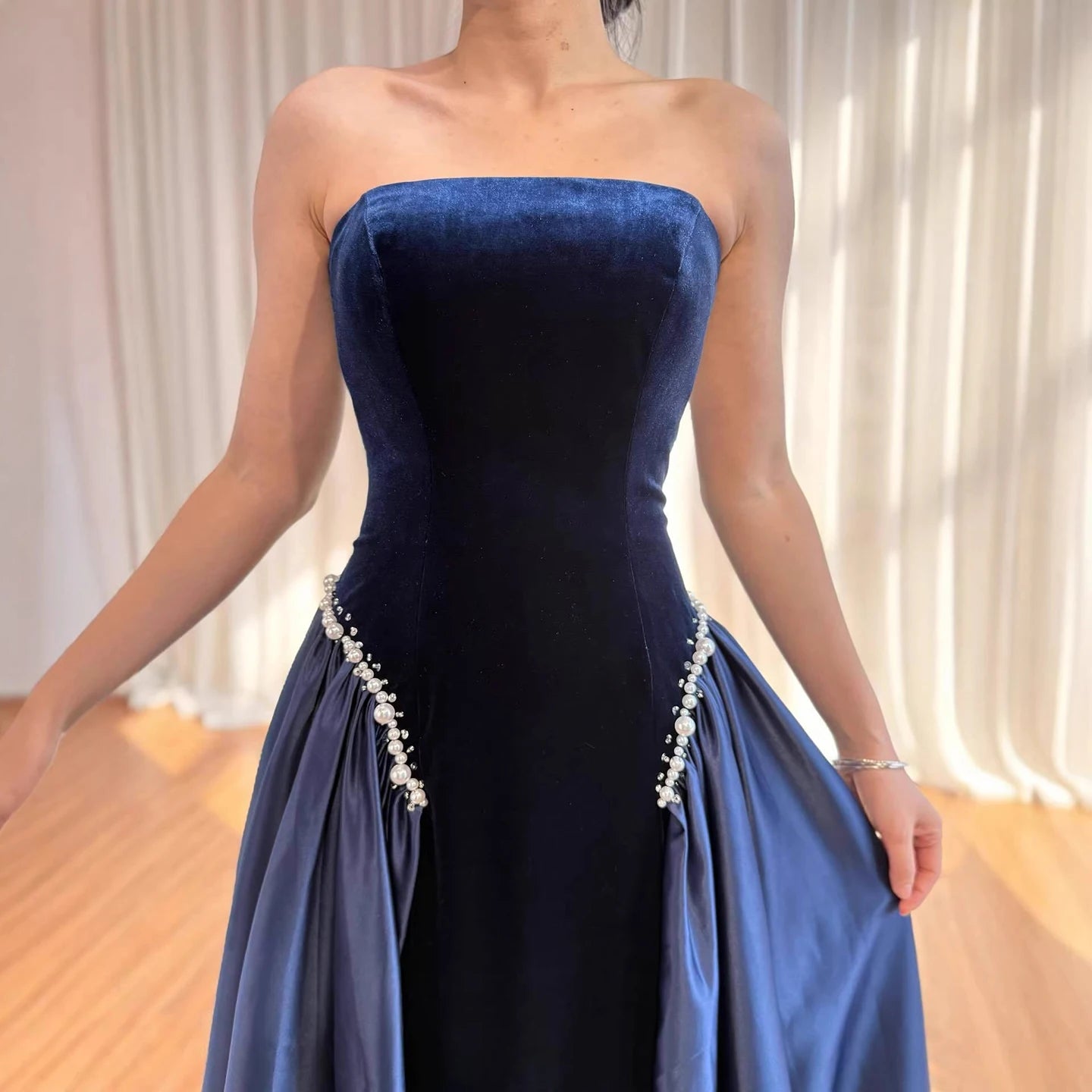 Luxury Navy Blue Mermaid Pearls Evening Dress Gowns With Skirt LA73351 - SERENE HILL