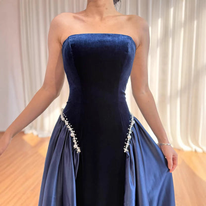 Luxury Navy Blue Mermaid Pearls Evening Dress Gowns With Skirt LA73351 - SERENE HILL