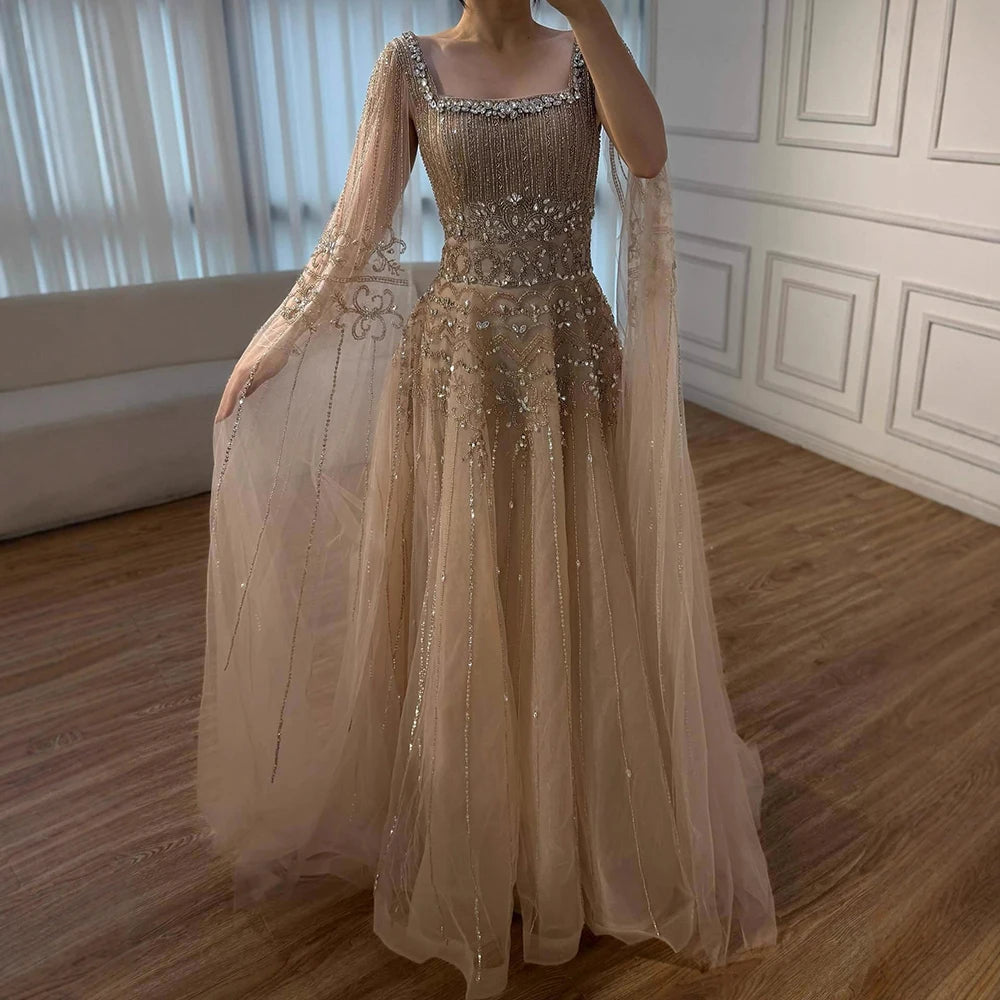 Luxury Caramel A-Line Beaded Evening Dress with Cape Sleeves LA73089A - SERENE HILL