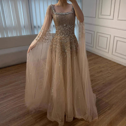 Luxury Caramel A-Line Beaded Evening Dress with Cape Sleeves LA73089A - SERENE HILL