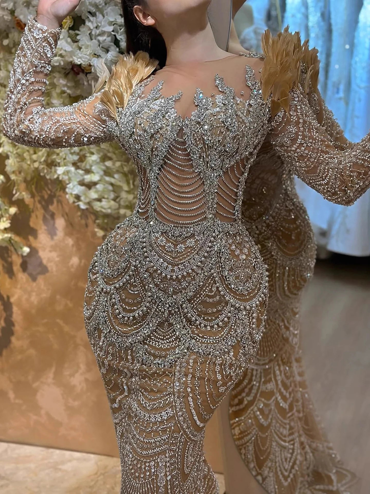 Luxury Nude Beaded Feather Long Sleeve Mermaid Evening Dress LA73348 - SERENE HILL