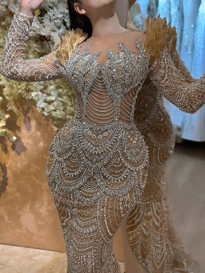 Luxury Nude Beaded Feather Long Sleeve Mermaid Evening Dress LA73348 - SERENE HILL