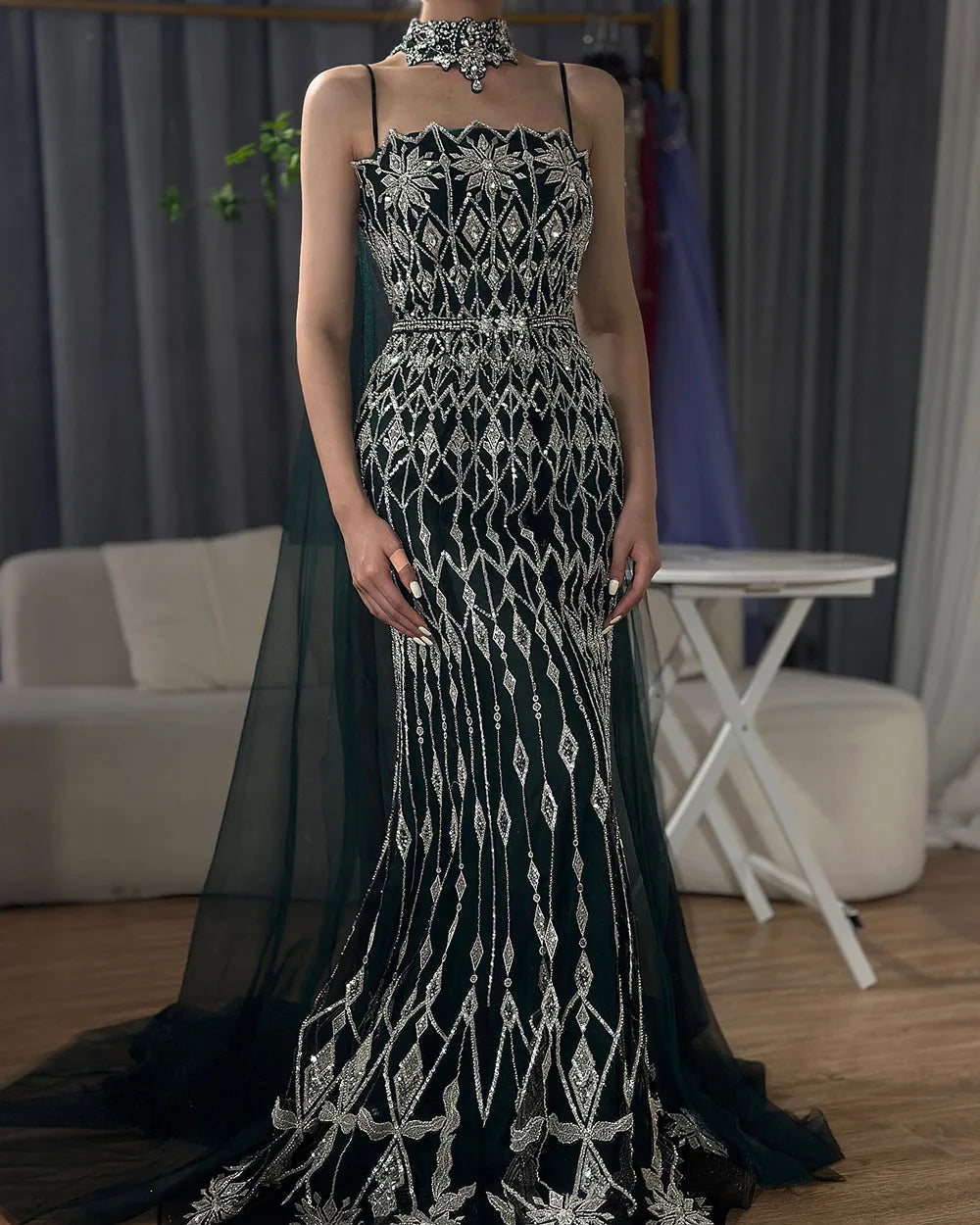 Luxury Nude Beaded Mermaid Evening Dress with Cape LA72711 - SERENE HILL