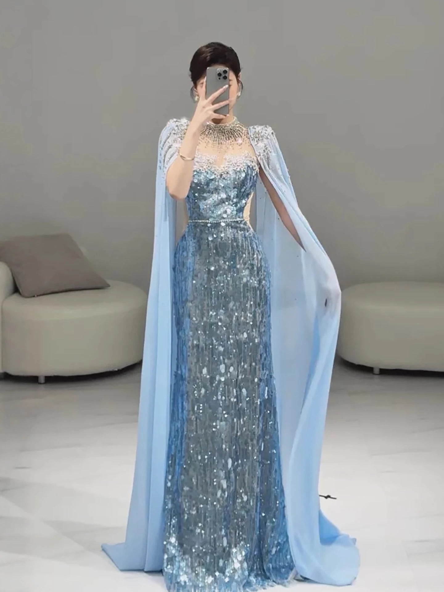 Luxury Dubai Blue Mermaid Evening Dress with Cape LA73419 - SERENE HILL