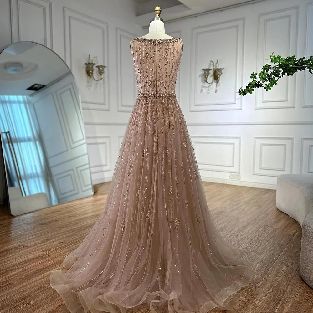 Luxury Arabic Nude Square Neck Beaded A-Line Evening Dress With Cape LA72835 - SERENE HILL