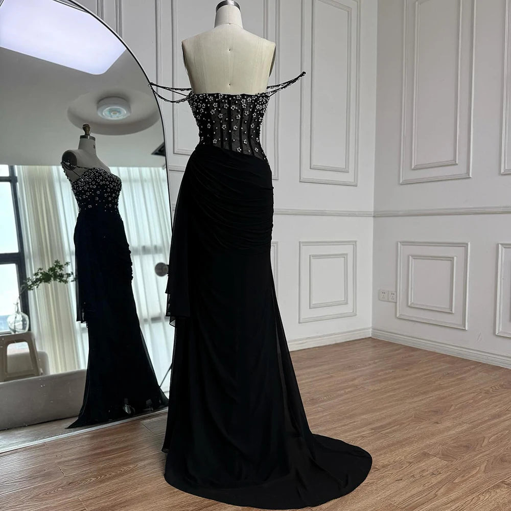 Luxury Black Beaded Mermaid Prom Dress with Spaghetti Straps LA73047 - SERENE HILL